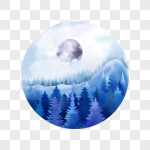 满月在夜空和雾气的森林图片