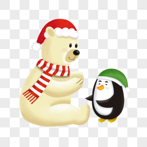 卡通戴着圣诞帽的南极熊和企鹅图片