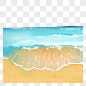 金色沙滩蓝色海浪水彩边框图片
