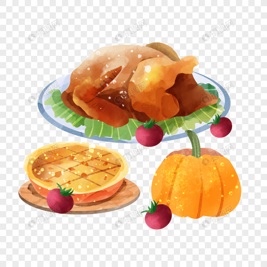 水彩感恩节火鸡苹果派和南瓜图片