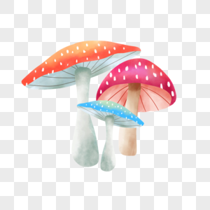 水彩童话蘑菇植物三朵色彩鲜艳的图片