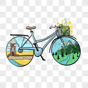 自行车旅游麦田风车大山河流图片