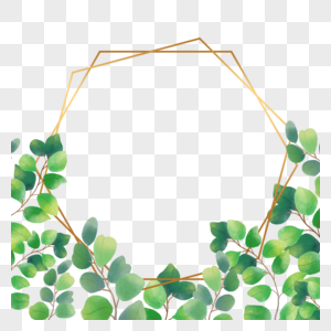 绿色枝叶六边形金箔叶子边框图片
