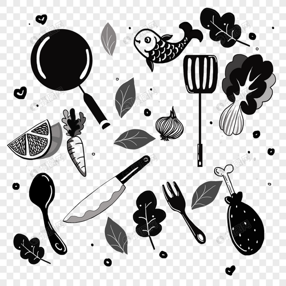 厨房用具锅铲蔬菜黑白涂鸦图片