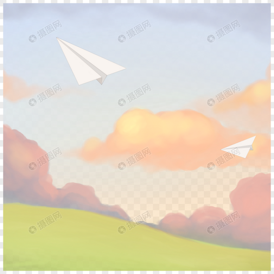 纸飞机和橙色水彩云朵自然风景图片