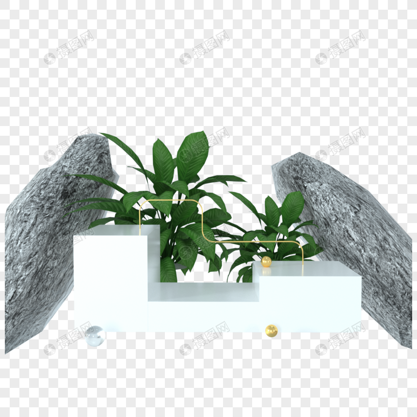 质感黑色岩石白色展台和3d颜色植物渲染图片