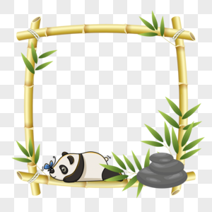 趴竹子的熊猫方形花卉边框图片