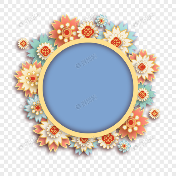 浅蓝色春节花卉剪纸圆边框图片