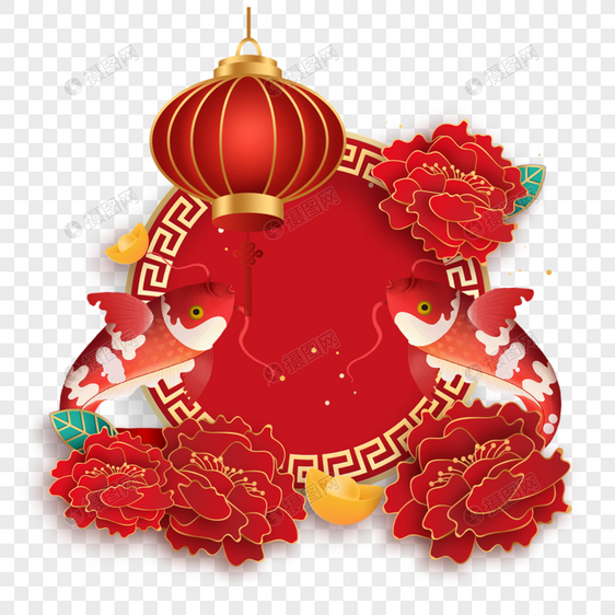 春节锦鲤红色花朵边框图片