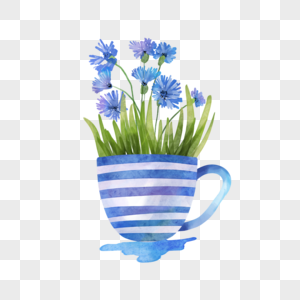 茶杯水彩花艺下午茶蓝色图片