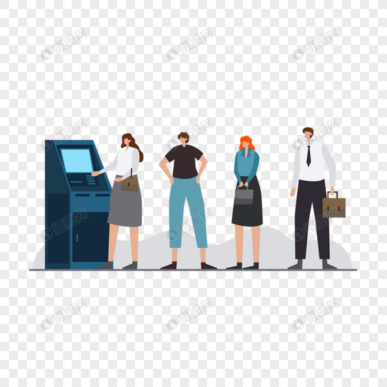 男人女人银行排队取钱atm机器概念插画图片