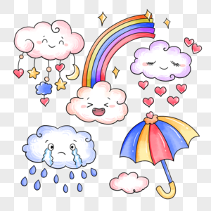 雨天爱心雨滴彩虹可爱水彩画贴纸高清图片