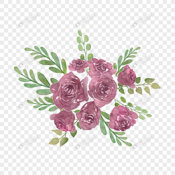 玫瑰水彩勃艮第婚礼花卉与叶子图片