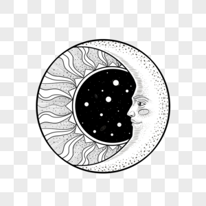 月亮与脸素描雕刻黑白图像印花图片