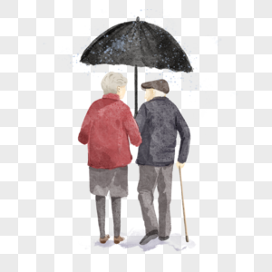 水彩下雨打伞的老夫妻背影图片