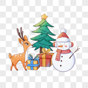 圣诞节圣诞树雪人和小鹿高清图片