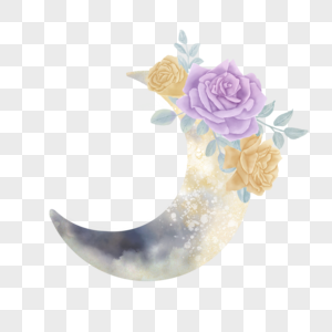 月牙月亮花卉水彩图片