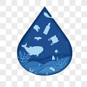 蓝色水滴塑料垃圾污染剪纸图片