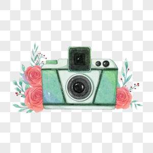 水彩绿色相机玫瑰装饰图片