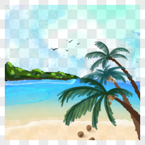 水彩风格海边景色椰子图片