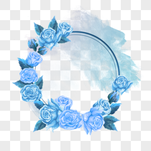 蓝玫瑰花叶子水彩晕染边框图片