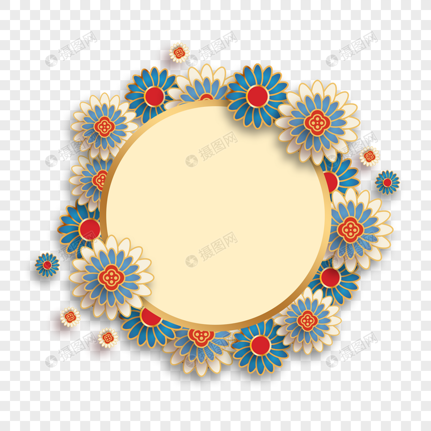 黄色春节花朵装饰圆形边框图片