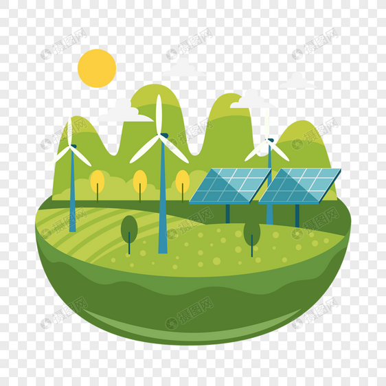 田地太阳能电池板风车发电环保绿色能源概念插画图片