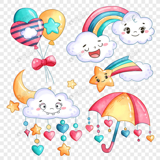 雨天彩虹气球雨具派对卡通水彩画图片
