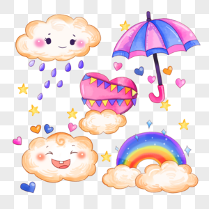 雨天云朵彩虹水滴卡通水彩画图片