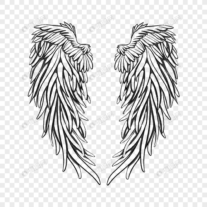 黑白天使羽翼翅膀素描线稿