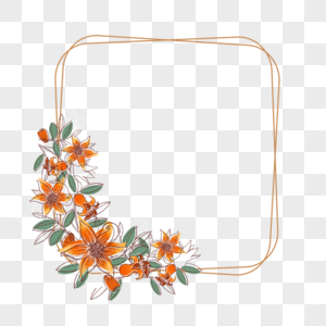 水彩线条画橙色花卉边框图片