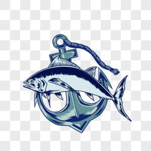 蓝色调鱼和船锚钓鱼复古t恤纹身图片