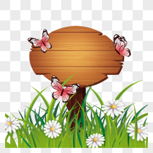 质感草地木板横幅粉色的蝴蝶图片