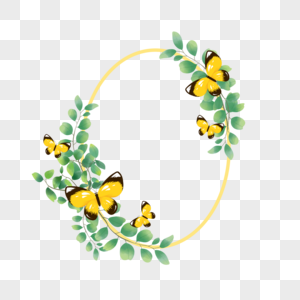 黄色蝴蝶绿植水彩线框图片