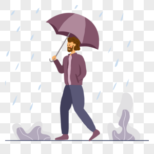 左手插在口袋里的男人雨中打伞插画高清图片