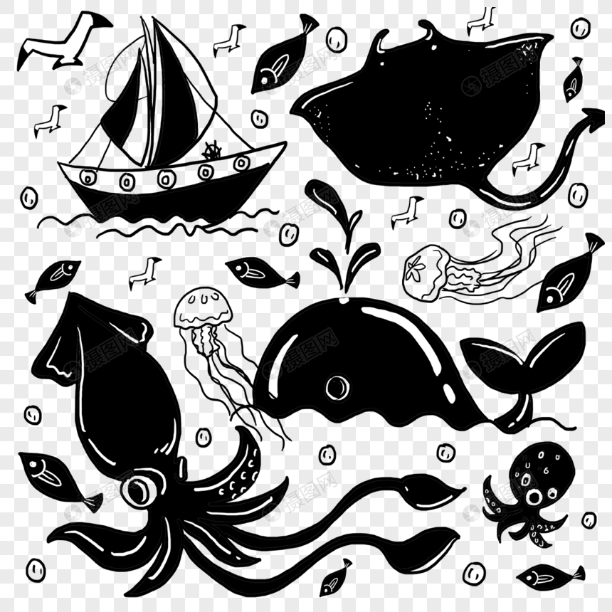 航海鱼类海洋生物船只黑白涂鸦图片