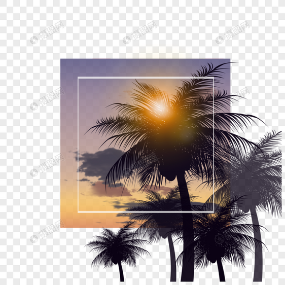 夕阳椰子树剪影夏季夜晚边框图片