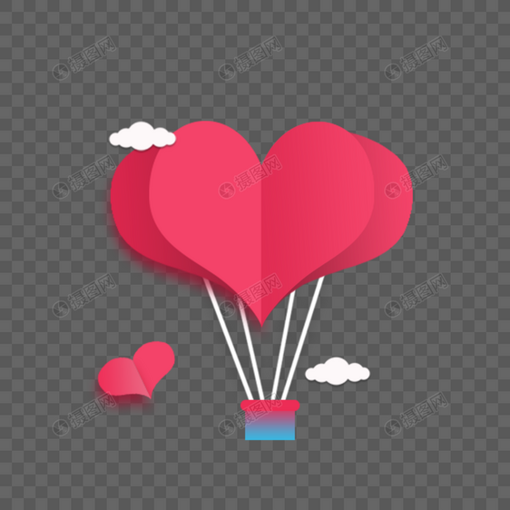红色爱心情人节热气球剪纸图片