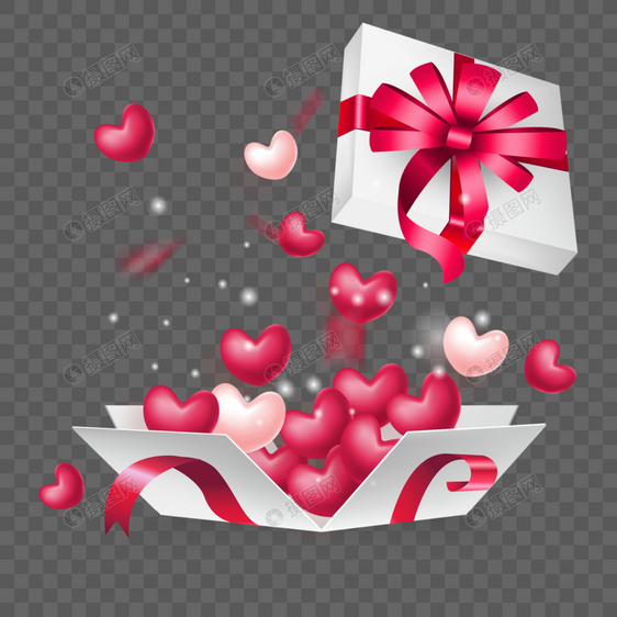 打开爱心红色华丽丝带盒子情人节图片