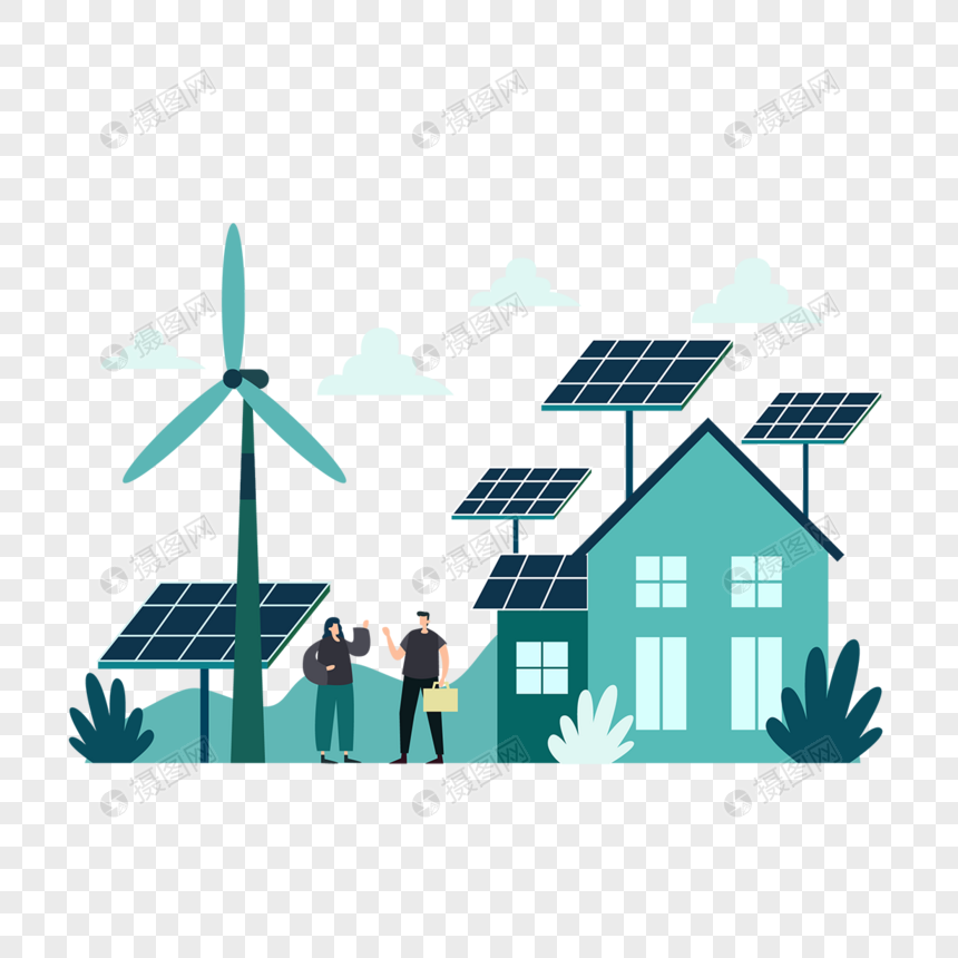 房屋太阳能电池板风车环保绿色能源概念插画图片