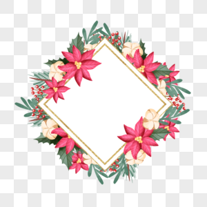 圣诞节一品红花卉水彩方形边框图片