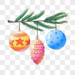 水彩松树枝上的圣诞装饰球图片