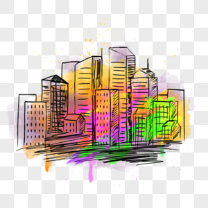 彩色涂鸦笔刷水彩城市街景图片