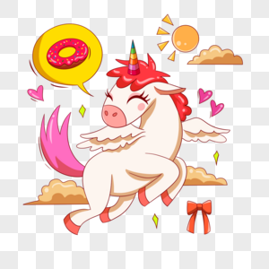 卡通可爱高兴的独角兽和食物甜甜圈图片
