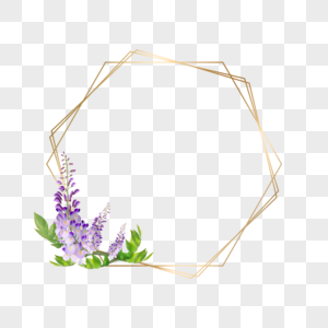 水彩紫藤花卉金色线条边框图片