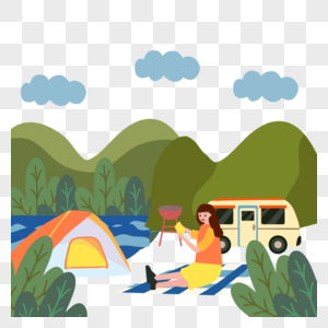 夏季露营河边搭帐篷的女孩图片