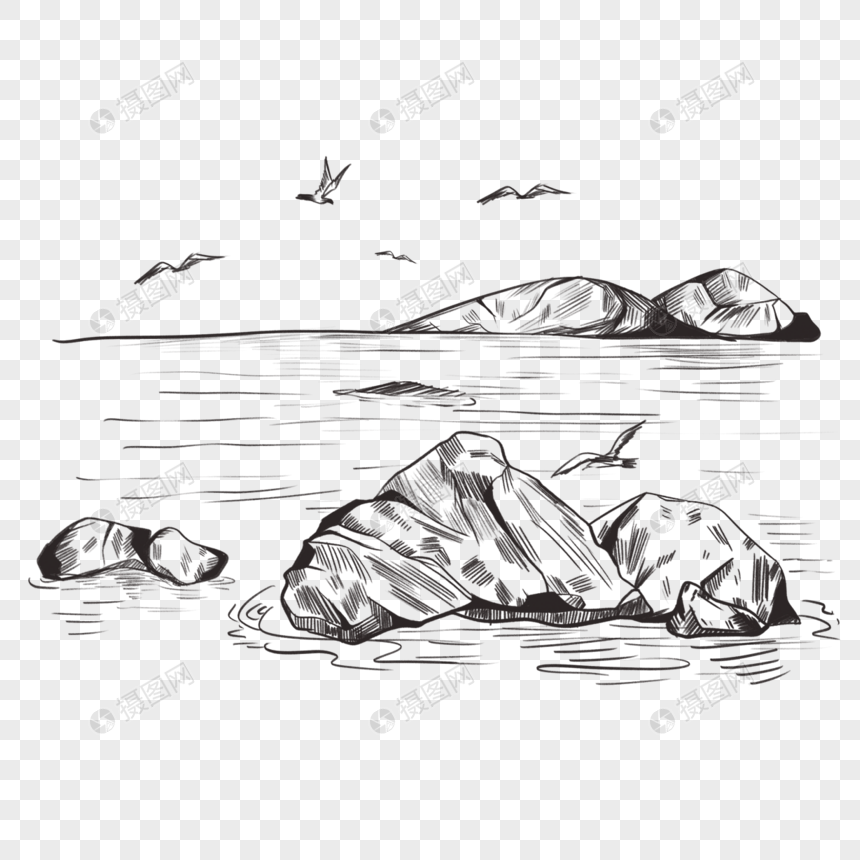 素描海滨海边石头和海鸥