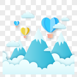 蓝色山峰爱心形状剪纸热气球图片