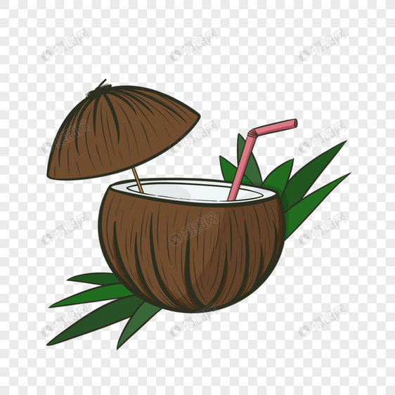 棕色椰壳装着椰肉和椰子果汁图片