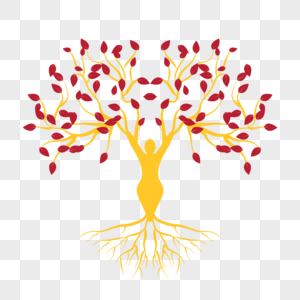 红色树叶金黄根系瑜伽人物和树图片